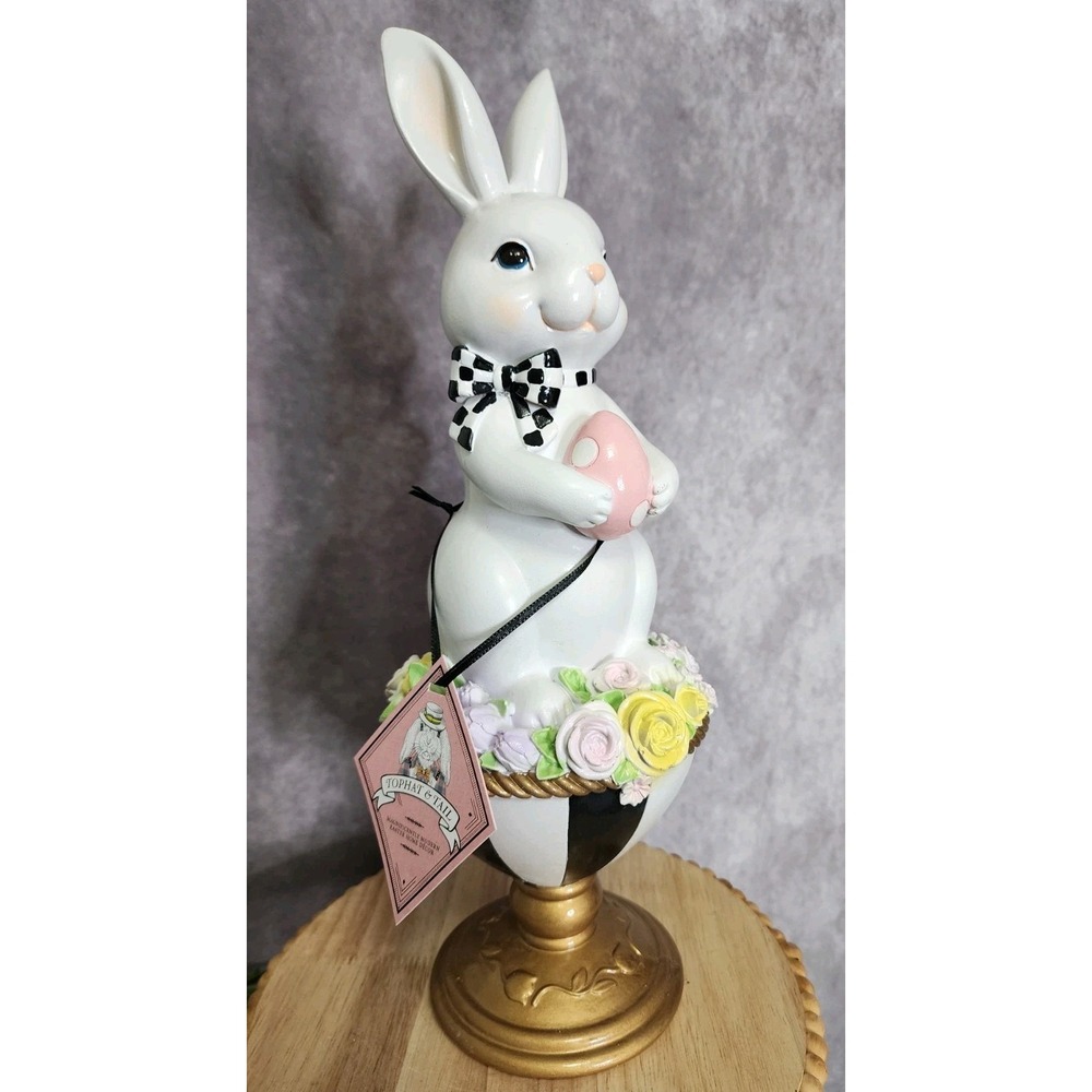 Tophat & Tail Mackenzie Childs Style‎ Easter Bunny Black White Pedestal 15" NEW